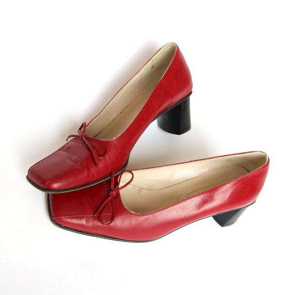 Vintage Shoes - Vintage 90s Italian Leather Red Square Toe Heels Size 37